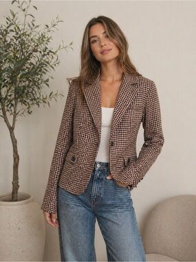 American Eagle Houndstooth Blazer Brown Tweed Jacket Preppy Chic S/P